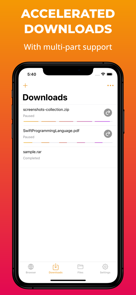 Captura de pantalla de la app fGet mostrando la lista de descargas y el soporte de partes múltiples aceleradas