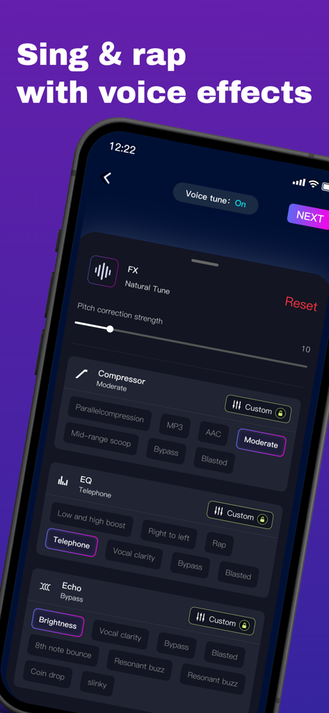 Voicely : Ringtone & AI Voice - Voicely app voice effects editor showing pitch correction and audio equalization settings