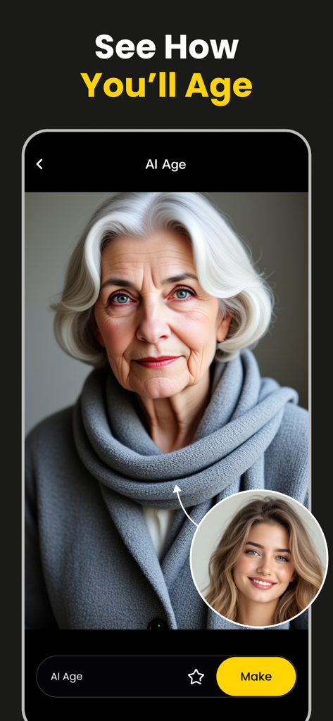 AI Movie Generator - KakaPic - Función de filtro de envejecimiento con IA en la aplicación KakaPic que muestra a una mujer joven transformada en una versión mayor.