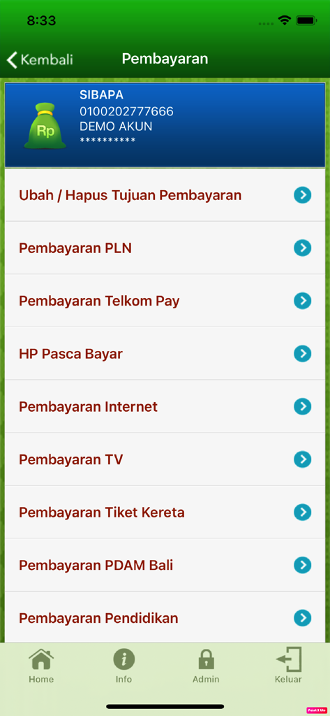 Interface of BPDBALI Mobile app showing various bill payment options including PLN and PDAM Bali.