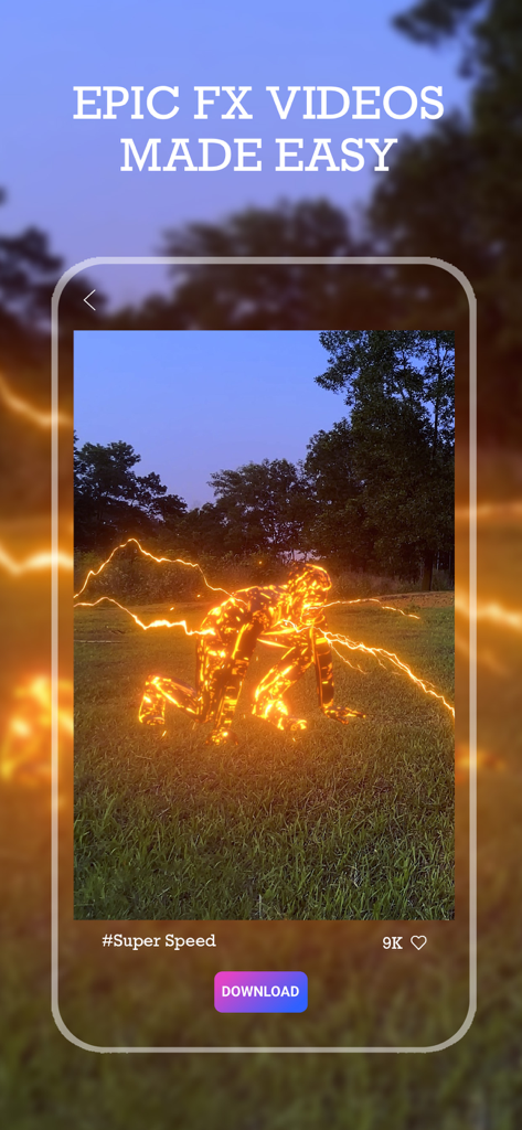 VFX Editor Video After Effects - VFX Editorアプリを使用して作成された、芝生の上で光るオレンジ色の稲妻スーパー速度エフェクトを持つ人物。