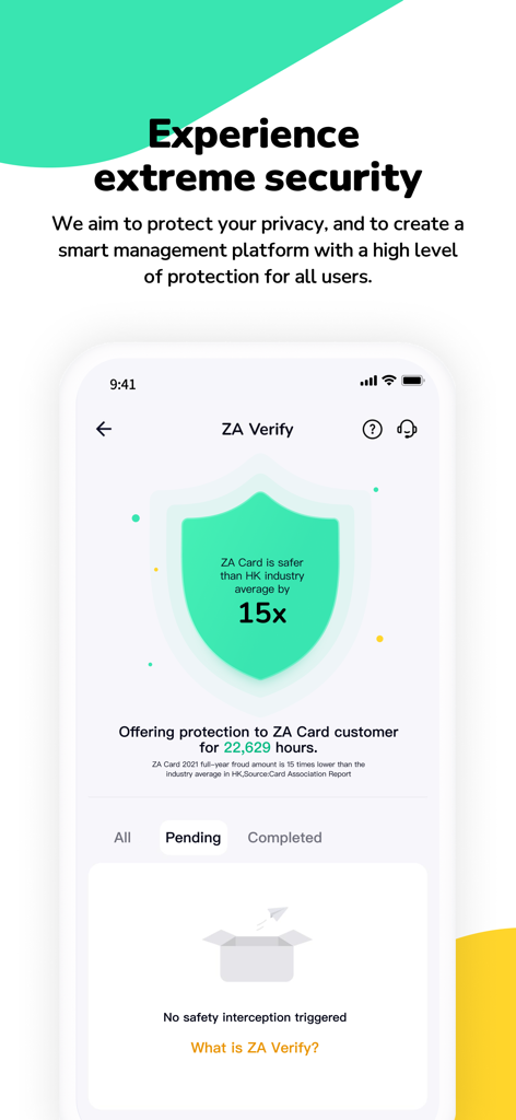 ZA Bank - ZA Bank Mobile App Benutzeroberfläche, die die ZA Verify-Funktion und ein extrem sicheres Dashboard mit einem Schutzschild-Symbol zeigt.