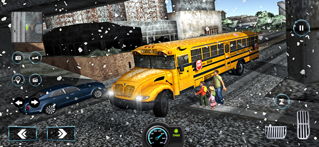 Student Transporter School Bus - A yellow school bus stopping to pick up children in a snowy city environment with gameplay controls