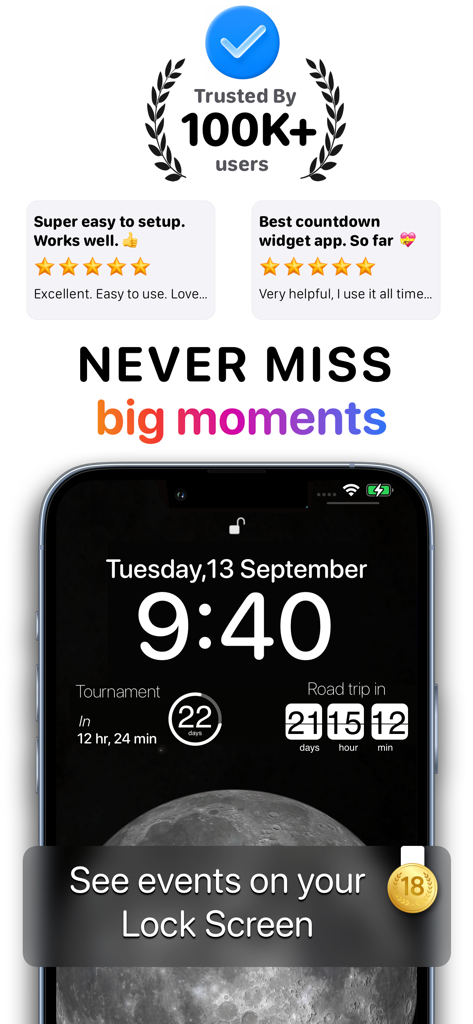 Countdown widget : Day Counter - Tela bloqueada do iOS mostrando widgets de contagem regressiva personalizados para um torneio e uma viagem de carro com avaliações positivas de usuários