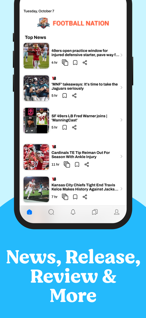 Football Nation News & Scores - Screenshot of Football Nation News app showing top NFL news headlines and stories about various teams and players