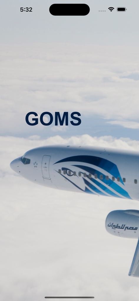 GOMS - GOMS application splash screen featuring an EgyptAir plane flying over clouds