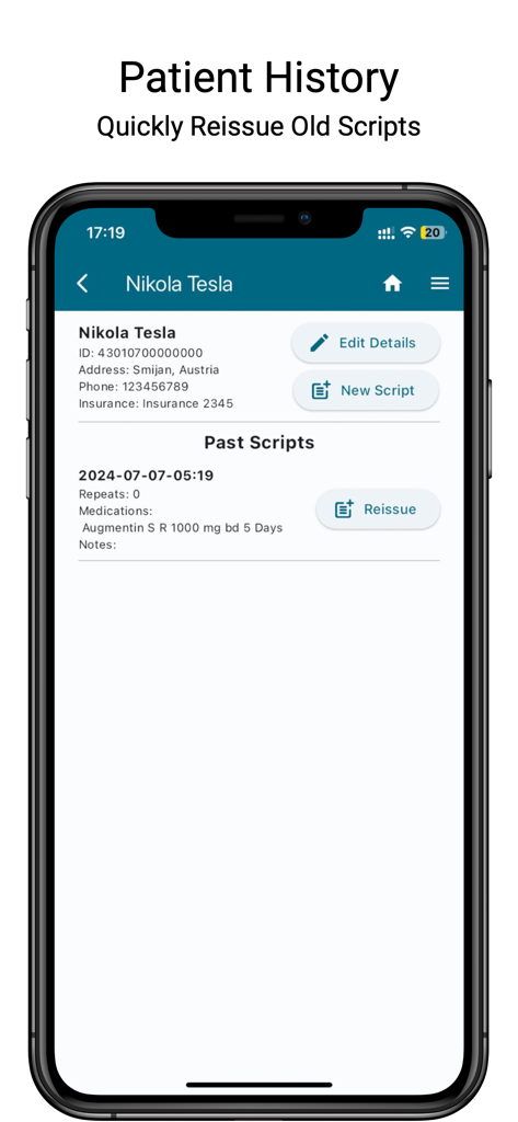 Scripts Assistant - Scripts Assistant app displaying a patient history profile with an option to reissue past medical prescriptions.