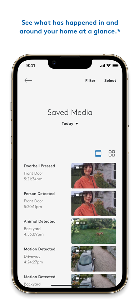 Interface of the ADT plus app showing a list of saved security camera video events like motion detection and doorbell presses.