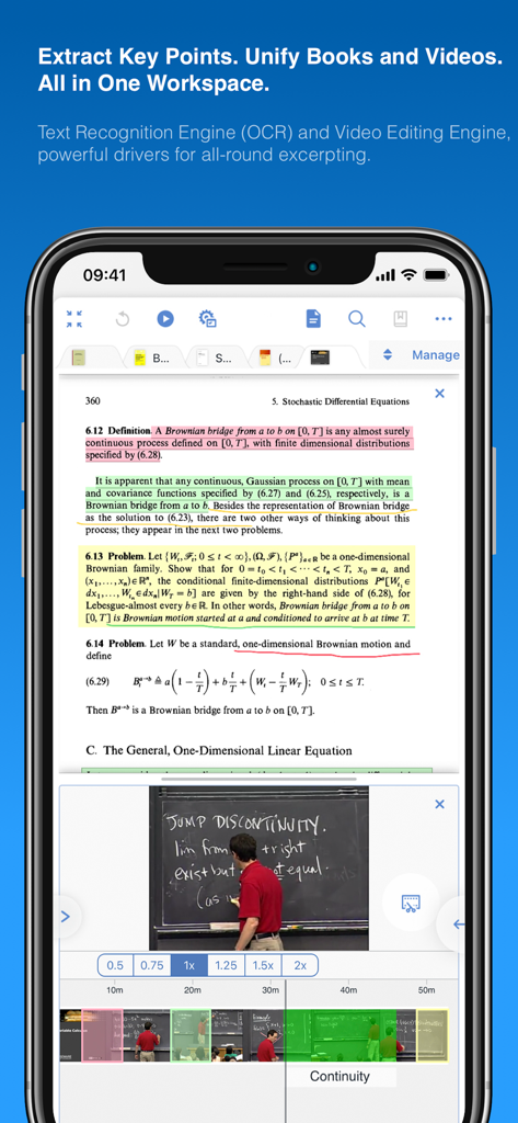 Ein geteilter Bildschirm in der MarginNote 3 App, der ein hervorgehobenes Mathe-PDF und ein Vorlesungsvideo für integriertes Lernen zeigt