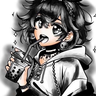 hot baddie anime girl drinking boba and biting the straw