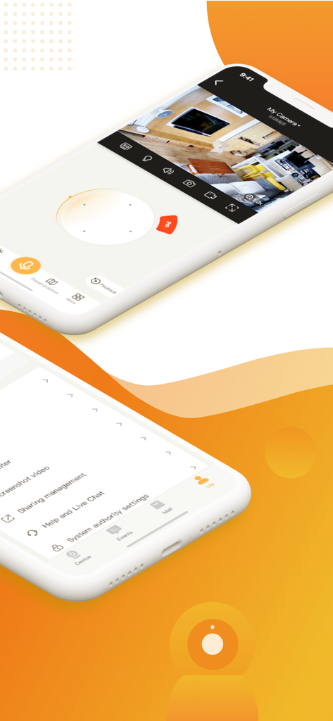 Casacop - Casacop mobile app interface showing a live home security camera feed and user settings