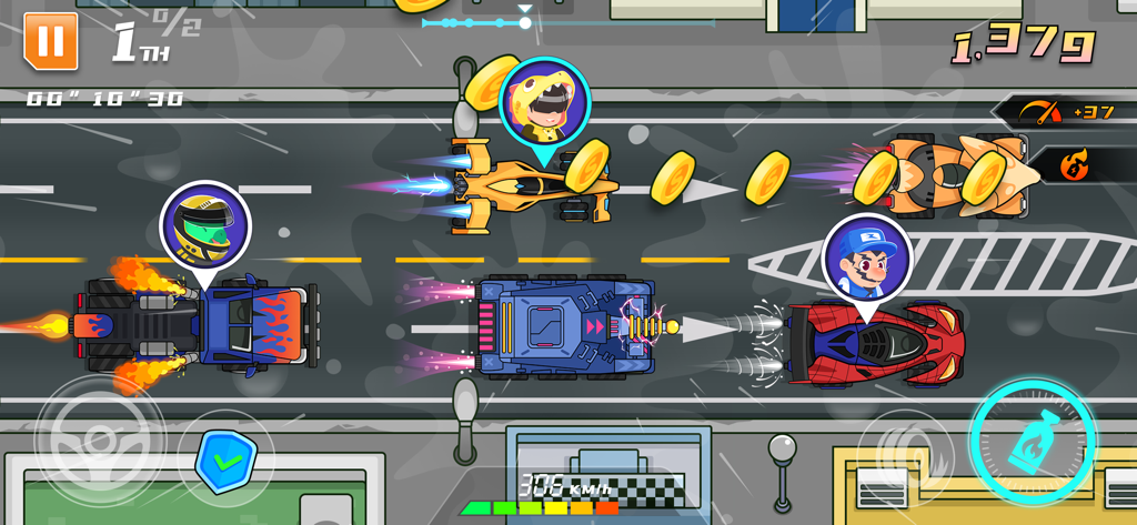 Racing Car Games for Kids - Top down view of colorful cars and whimsical drivers racing on a city track with gold coins and power ups.