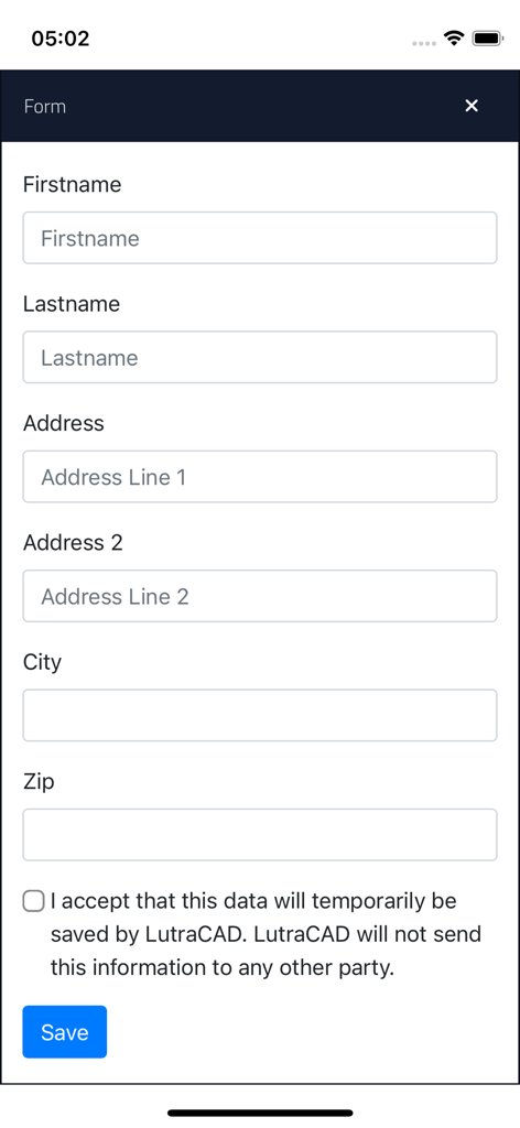 Patient data entry form within the LutraCAD TrueScan mobile application