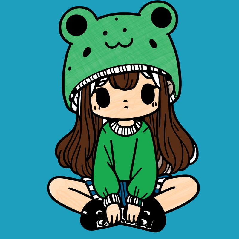 a girl wearing a frog hat and some frog socks