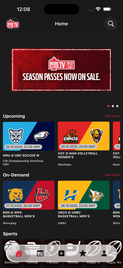CanadaWest.TV - The home screen of the CanadaWest.TV app showing live and on-demand collegiate sports events.