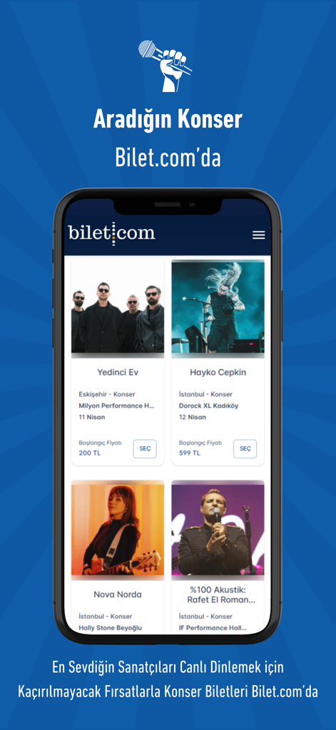 Bilet.com: Uçak Otobüs Feribot - Concert tickets and events booking interface on the Bilet.com mobile app.