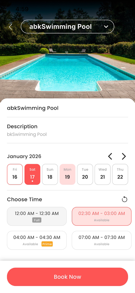 Qommunity plus app interface for booking a swimming pool facility with a calendar and time slots