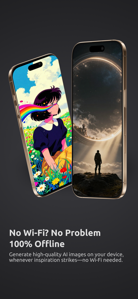 ImageLab - AI Image Generator - Two iPhones displaying AI-generated anime and sci-fi art with text emphasizing 100 percent offline image generation