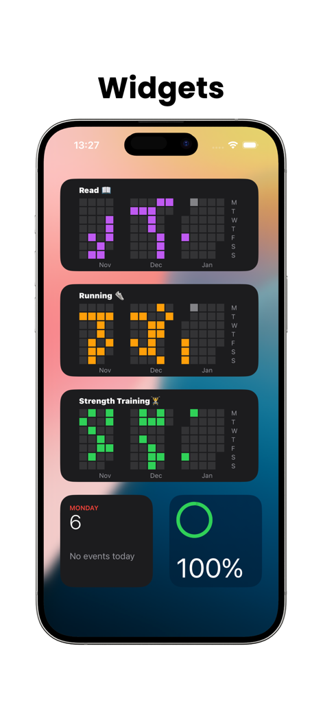 Habit Heatmap - Habit Heatmap app widgets on an iPhone home screen displaying habit consistency for reading, running, and strength training in dark mode.