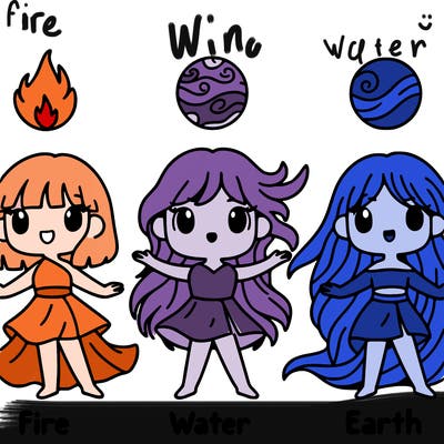 make an elemental group of 4 girls one is fire the second is water, the third is wind, and the 4th is earth