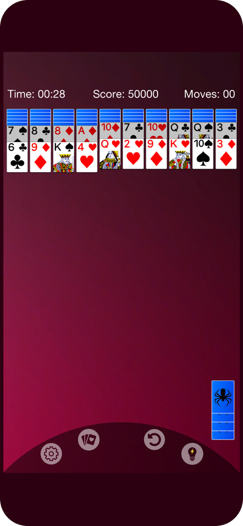 Spider Solitaire card game interface showing the classic card layout on a maroon background