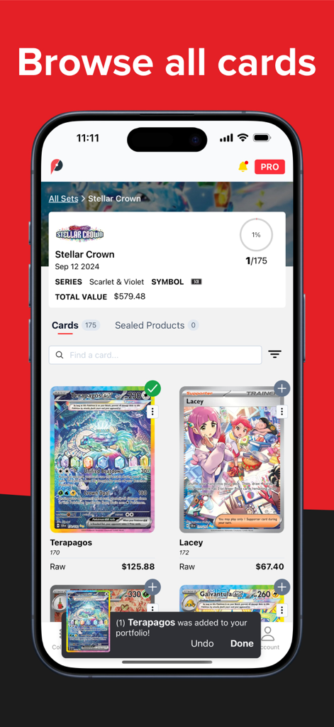pokedata.io - Mobile app screen displaying Pokemon card market values and portfolio tracking for the Stellar Crown set