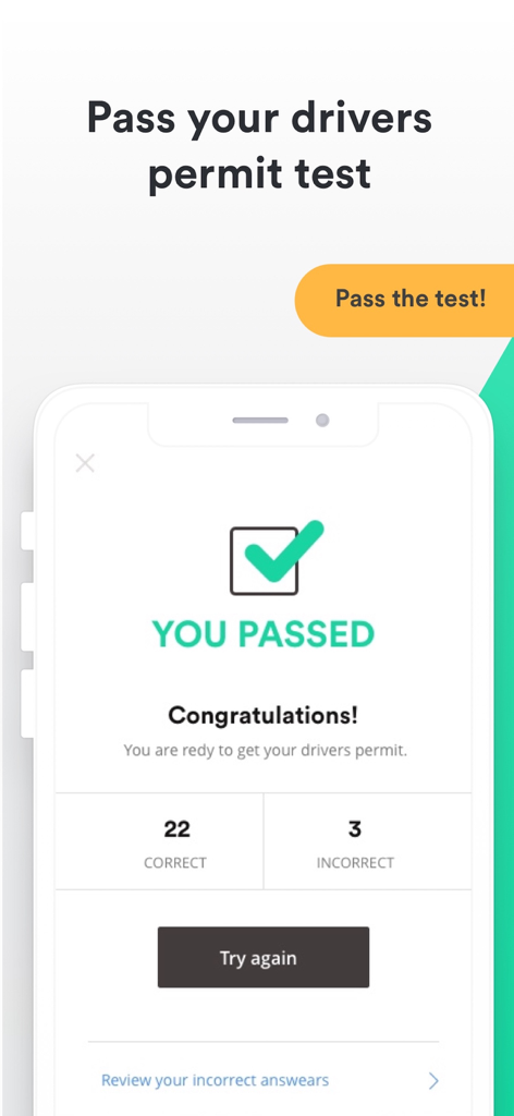 A mobile interface displaying a passing result for a DMV permit practice test with correct and incorrect answer counts.