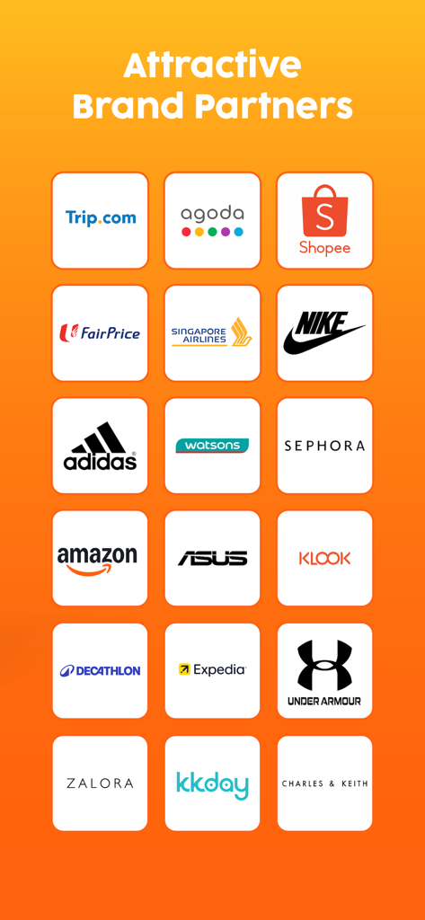 Reward Land - Grid of partner brand logos including Nike Adidas Amazon and Shopee under the heading Attractive Brand Partners