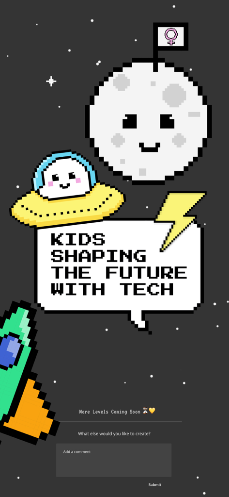 Kawaii pixel art space scene featuring a moon and UFO with the message Kids Shaping the Future with Tech.