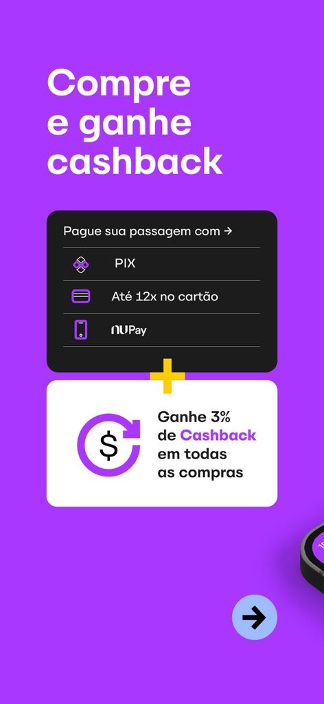 ClickBus mobile app interface showing various payment methods including credit card installments and a 3 percent cashback promotion for bus tickets
