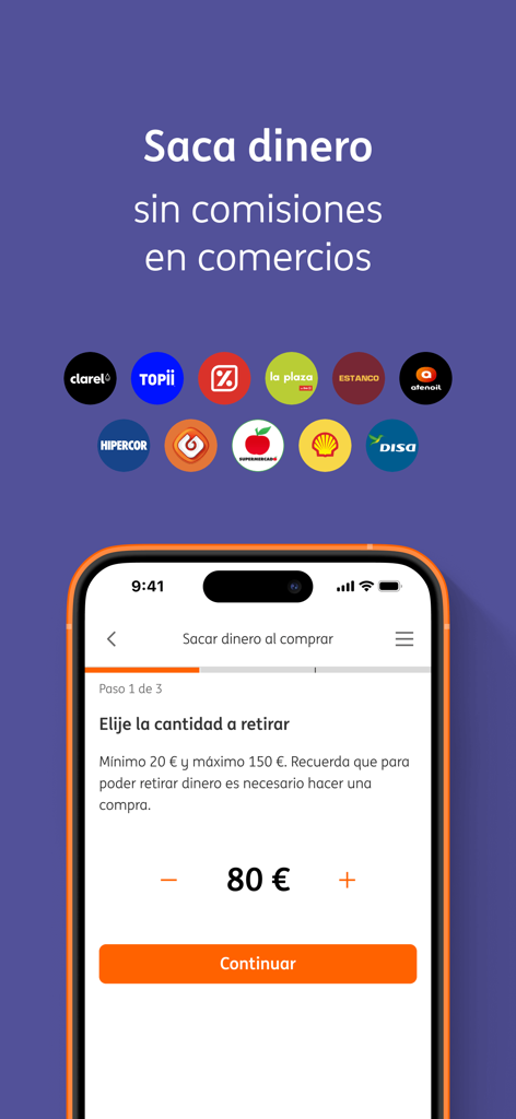 Interface do aplicativo móvel ING para sacar dinheiro em lojas de varejo sem comissões