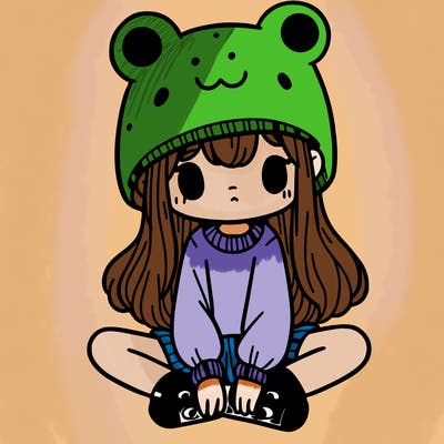 a girl wearing a frog hat and some frog socks