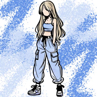 girl in baggy pants crop top and long hair