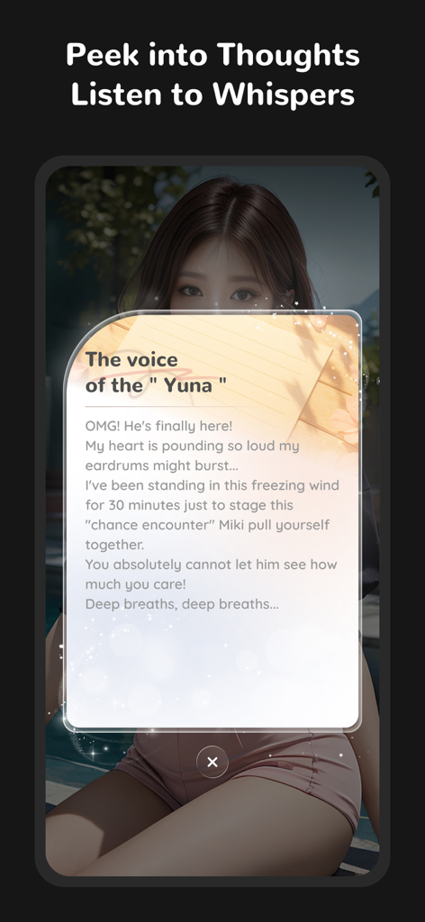 Mate-Soulmates For Every Step - Uma captura de tela do aplicativo Mate mostrando um personagem de anime 2D chamado Yuna com uma bolha sobreposta exibindo seus pensamentos e emoções internas