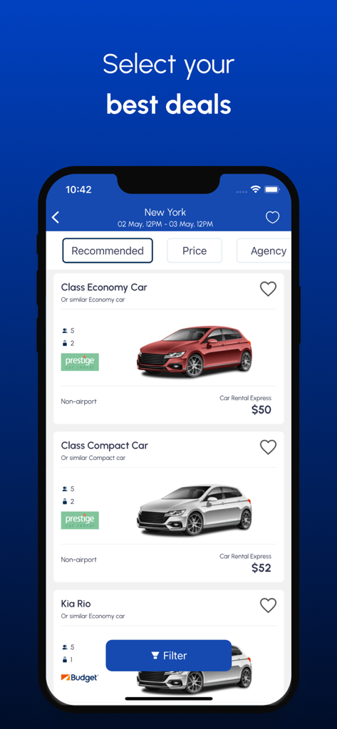 Mobile app interface displaying a list of cheap car rental deals in New York with prices and vehicle categories