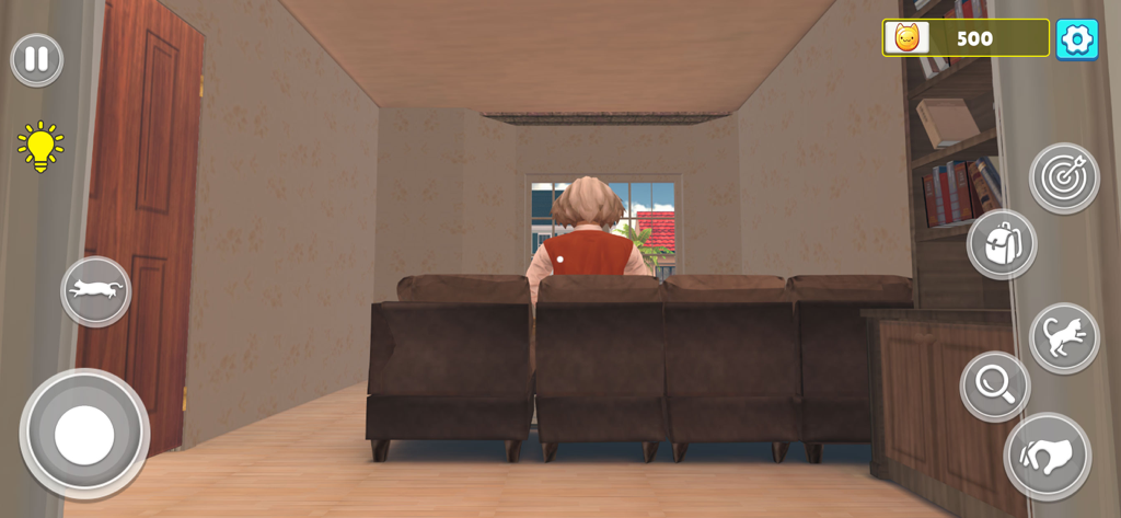 Perspectiva de gato en primera persona escabulléndose detrás de un sofá para escapar de una casa.