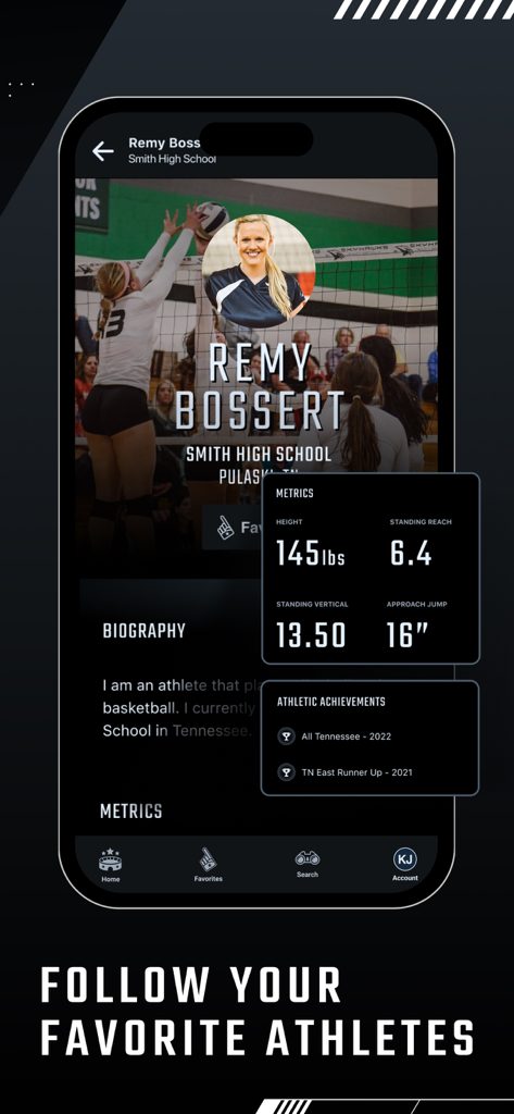 A high school athlete profile on the Hudl Fan app showing performance metrics like jump height and reach.
