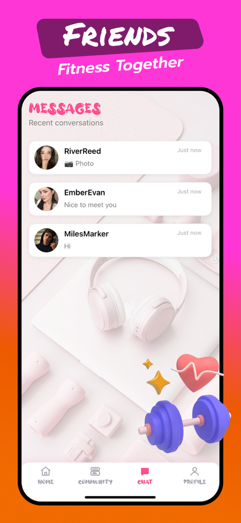 Biva: Fitness & Energy Time - Chat interface of Biva fitness app showing recent messages from friends