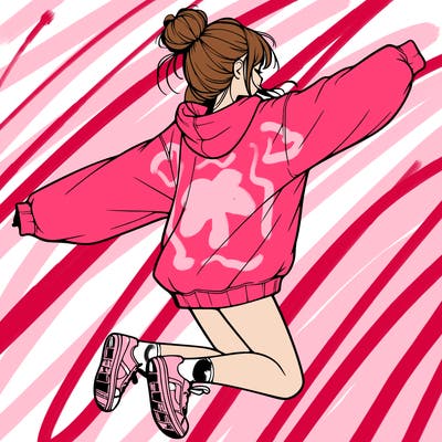 realistic girl jumping with a bun and oversized sweatshirt
