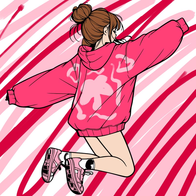 realistic girl jumping with a bun and oversized sweatshirt
