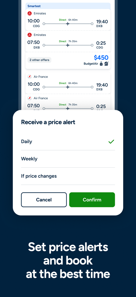 Interfaccia dell'app Liligo che mostra la configurazione di un avviso di prezzo per offerte di voli e notifiche di viaggio