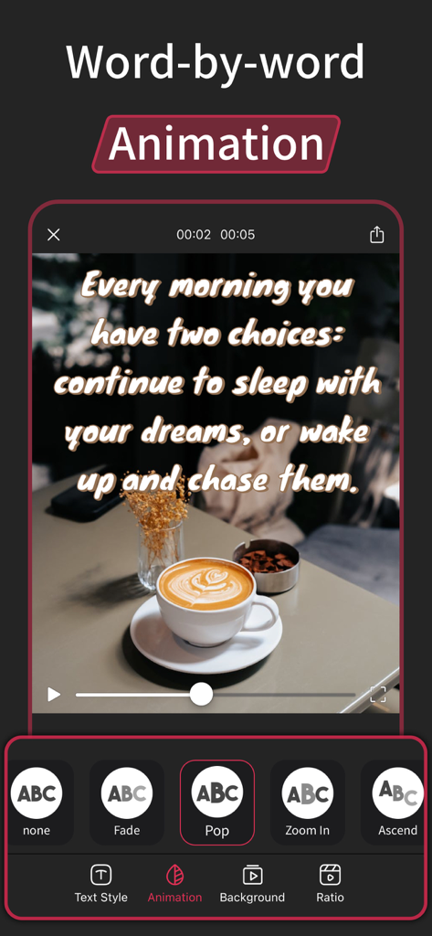 AI Voice Generator Video Maker - ソーシャルメディア動画向けの単語ごとのテキストアニメーションスタイルを示すAIボイスジェネレーターアプリのインターフェース