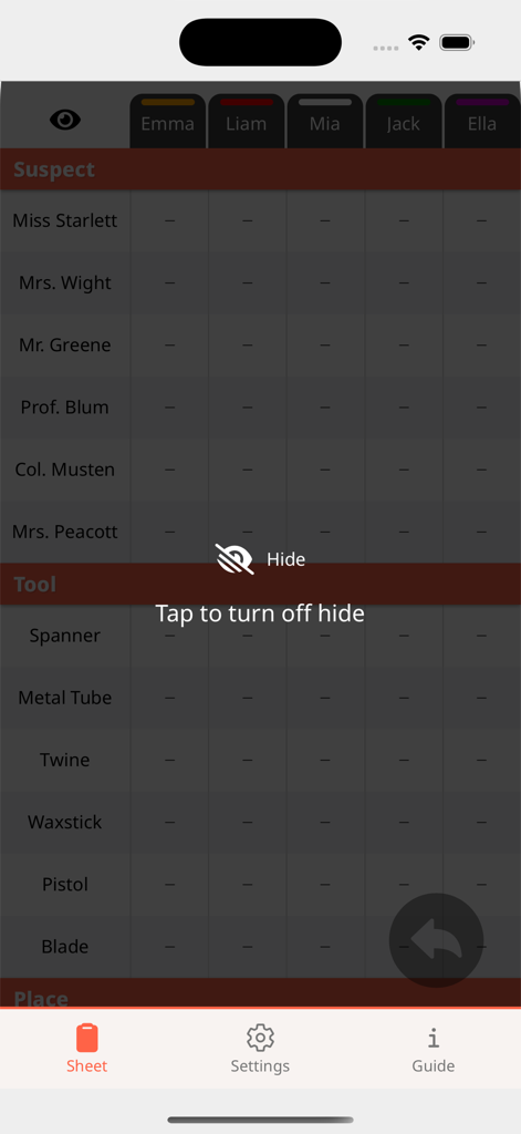 Digital detective notebook showing the private strategy feature with hidden notes for board game privacy