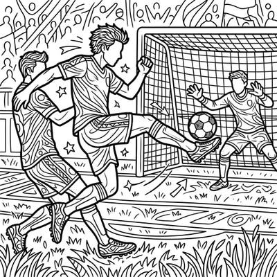 Capture the thrill of a soccer match with this dynamic coloring page, perfect for young sports enthusiasts. Kids will love bringing this action-packed goal-scoring moment to life with their favorite colors.