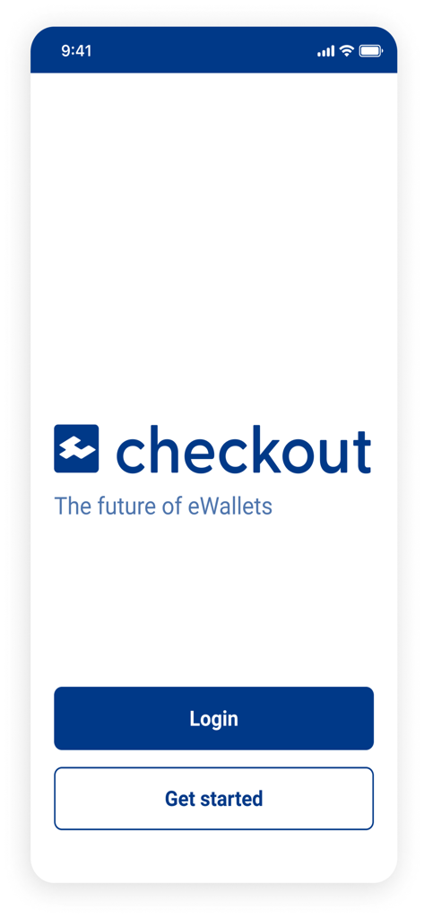 Checkout Wallet welcome screen featuring login and get started buttons and the tagline the future of eWallets