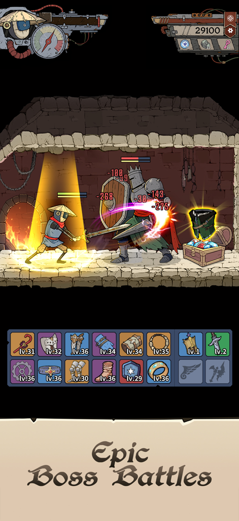 Héroe robot luchando contra un gran caballero blindado jefe en Dig-Dig Rush.