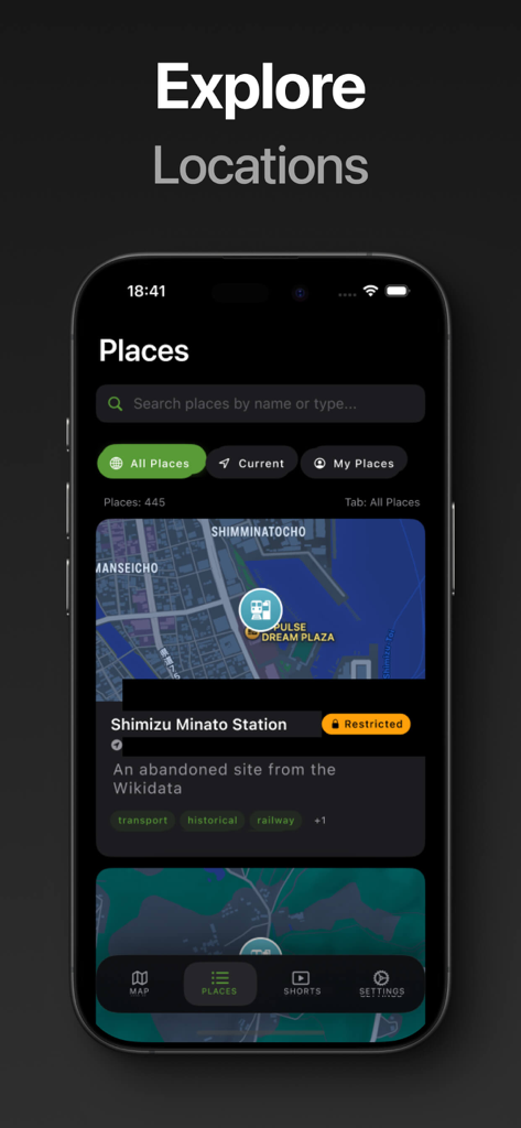 Tela do smartphone exibindo a seção de locais do aplicativo Urbex com uma lista de locais abandonados e filtros de pesquisa