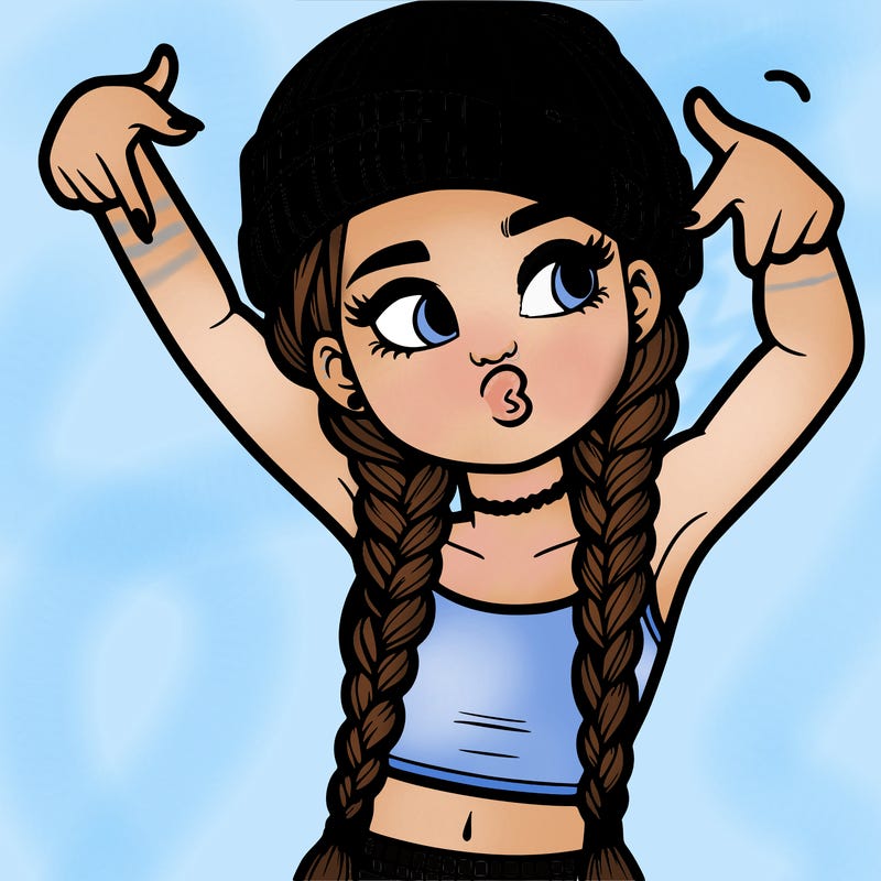 realistic teenage girl with braids and a beanie and crop top doing 🫶🏼