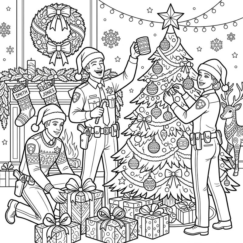 Get into the holiday spirit with our special Deputy Marshals Christmas coloring page! This delightful scene captures three marshals enjoying festive decorations and gifts, ready for your creative touch.