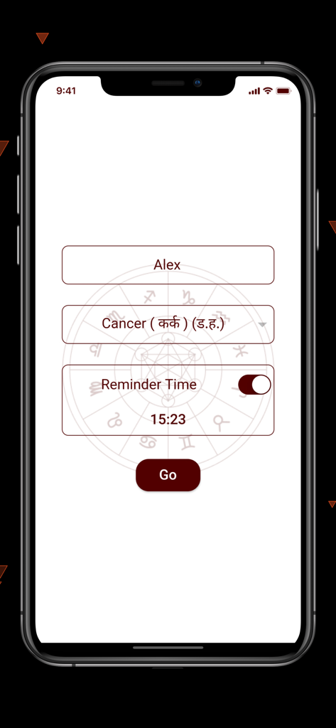 Bildschirm zur Einrichtung des Benutzerprofils in der Astrologie-App, der die Eingabe des Namens, die Auswahl des Sternzeichens Krebs und die Einstellungen für tägliche Erinnerungszeiten zeigt.